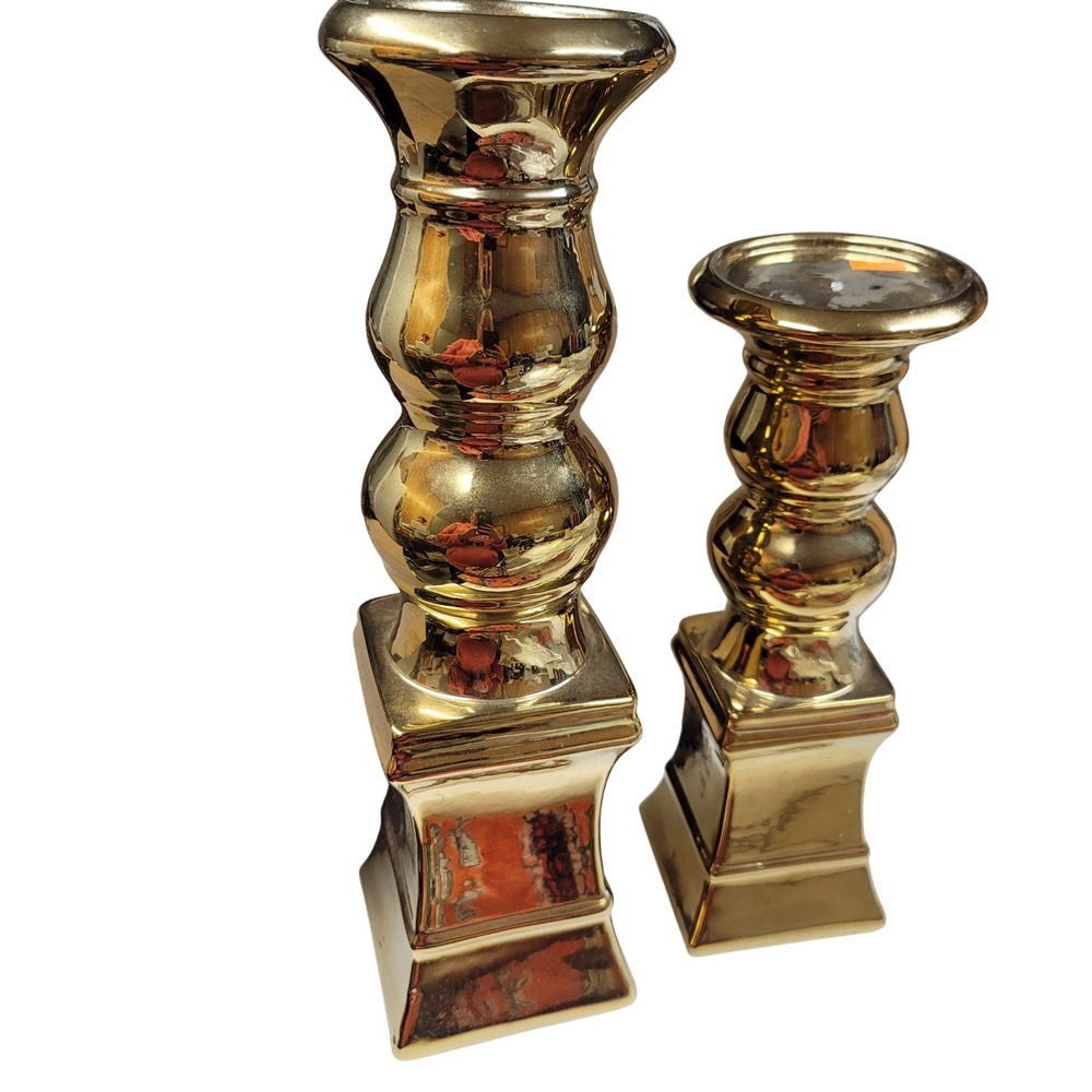Pair of Gold Pillar Candle Holders Modern Home Decor Decorative Accents
